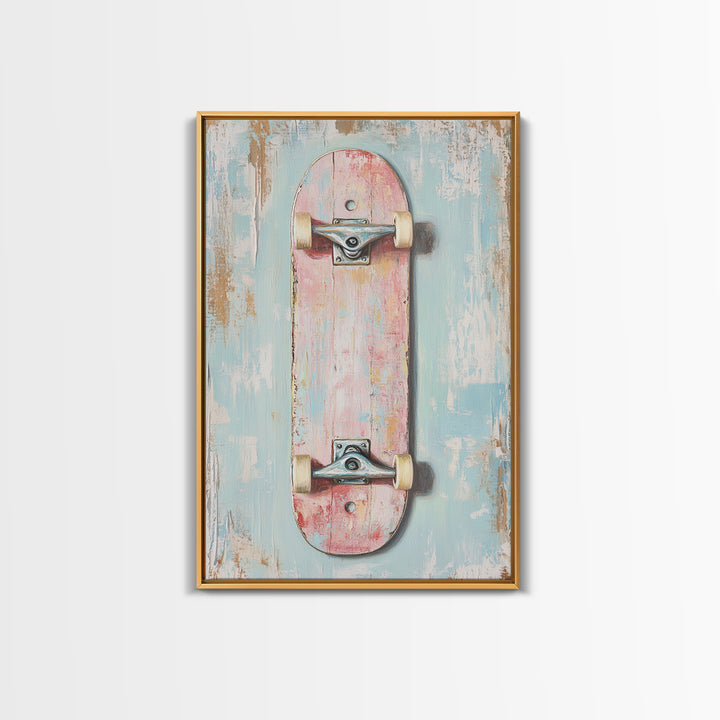 Pastel Pink Skateboard On Distressed Blue Wall Art, Retro Sport Decor, Skater Gift, Trendy Canvas Print For Kids Room Decor