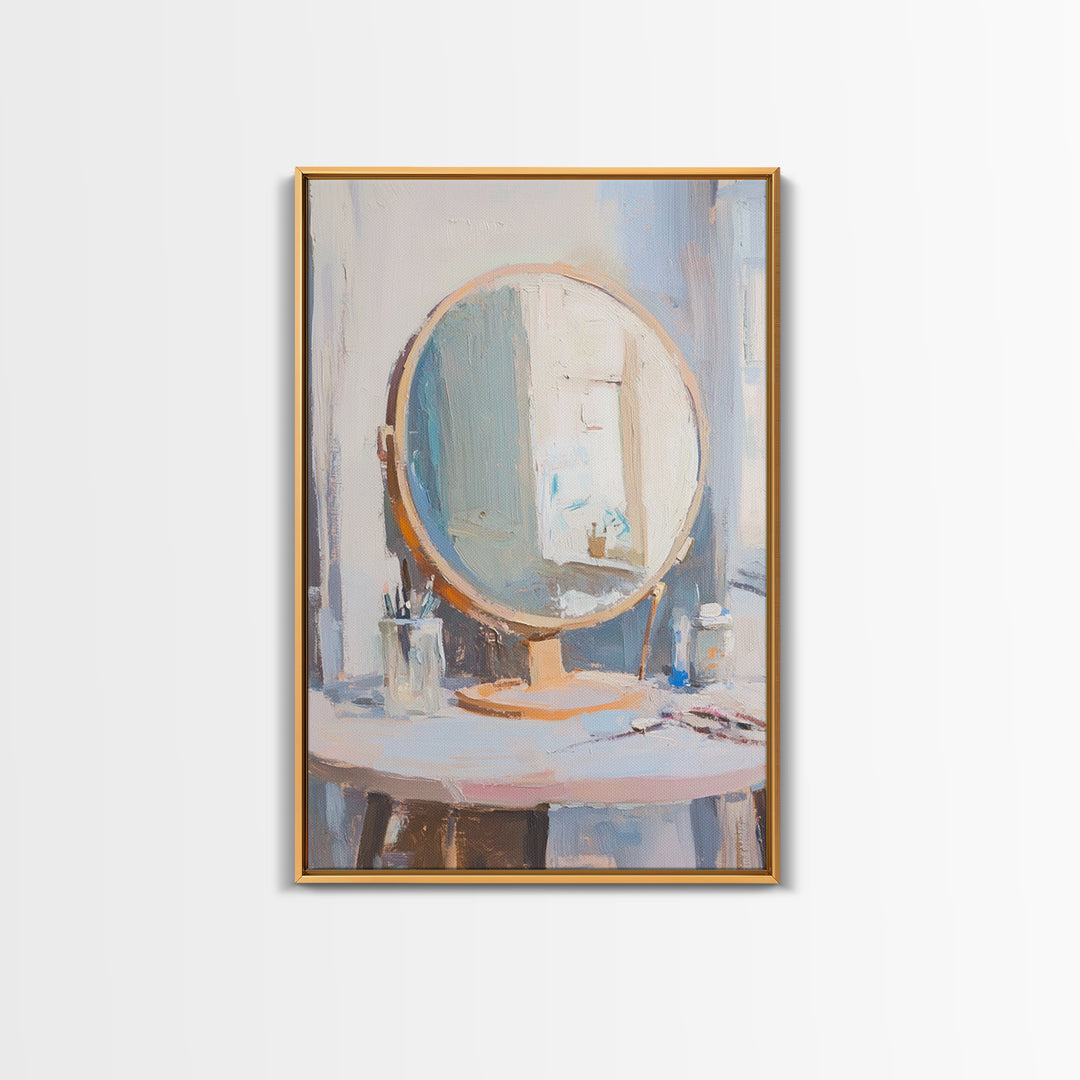 Soft Sunlit Vanity Mirror Still Life Wall Art, Feminine Bedroom Decor, Beauty Room Art, Neutral Framed Canvas Print For Modern Home Decor