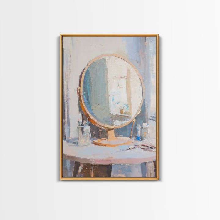 Soft Sunlit Vanity Mirror Still Life Wall Art, Feminine Bedroom Decor, Beauty Room Art, Neutral Framed Canvas Print For Modern Home Decor