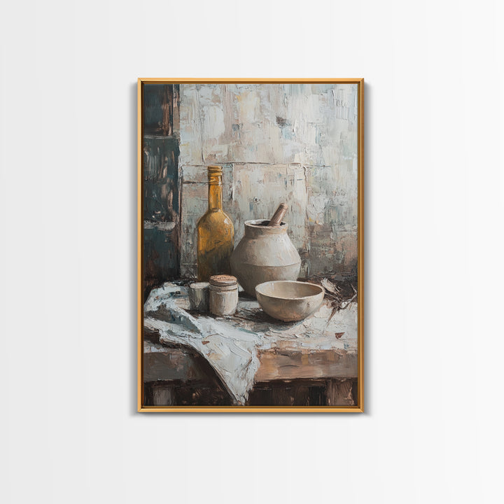 Rustic Pottery Bowl And Olive Bottle Wall Art, Neutral Kitchen Still Life Painting, Farmhouse Framed Canvas Print For Dining Room Decor