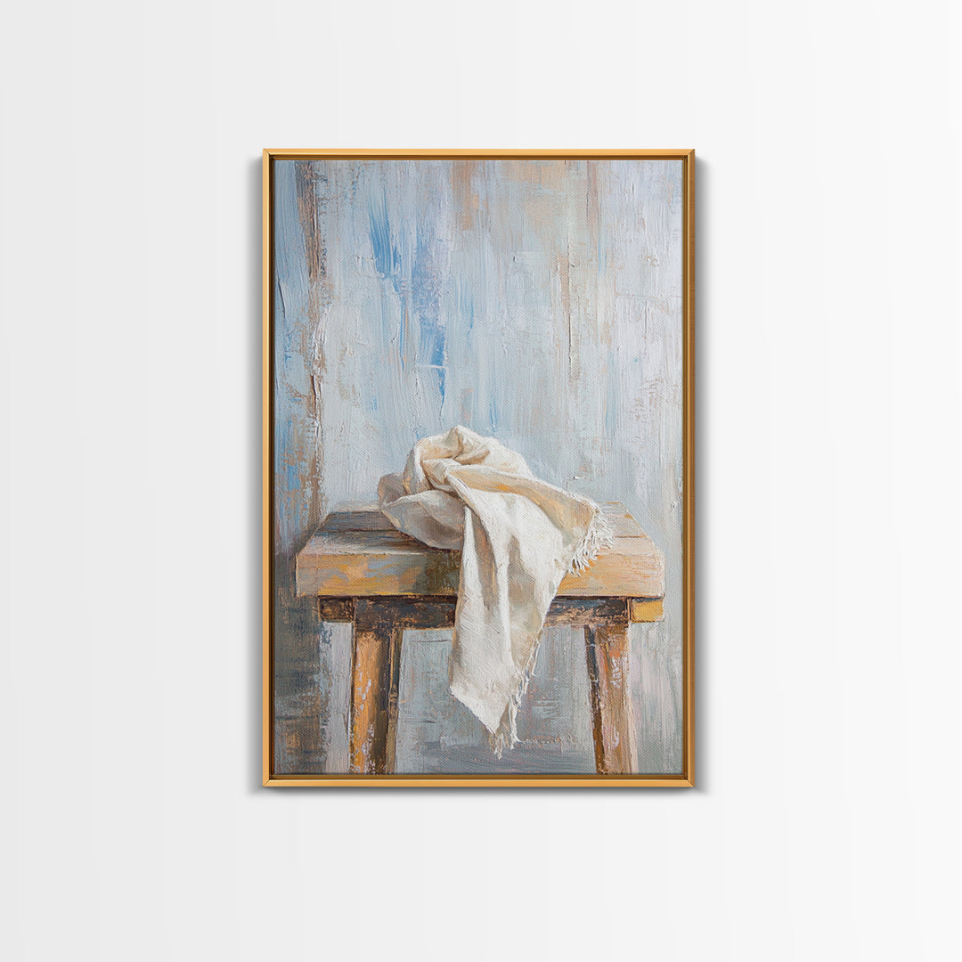 Weathered Wooden Stool With Linen Cloth Canvas Print, Minimalist Rustic Wall Art, Neutral Farmhouse Decor For Bedroom And Living Room