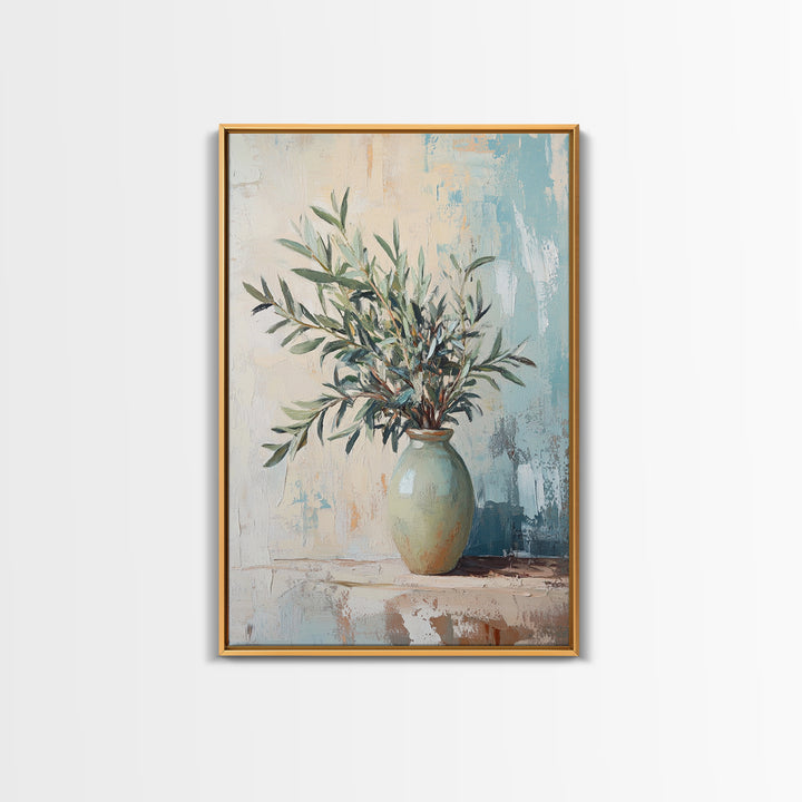 Olive Branches In Ceramic Vase Canvas Print, Mediterranean Botanical Wall Art, Minimalist Kitchen Decor, Neutral Home Decor