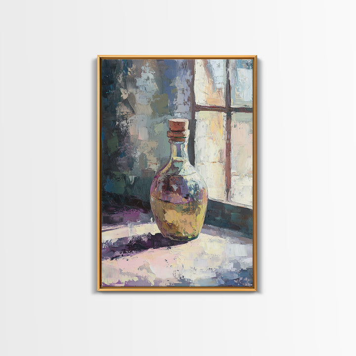 Sunlit Glass Bottle By Window Wall Art, Moody Still Life Painting, Rustic Kitchen Decor, Contemporary Canvas Print For Home