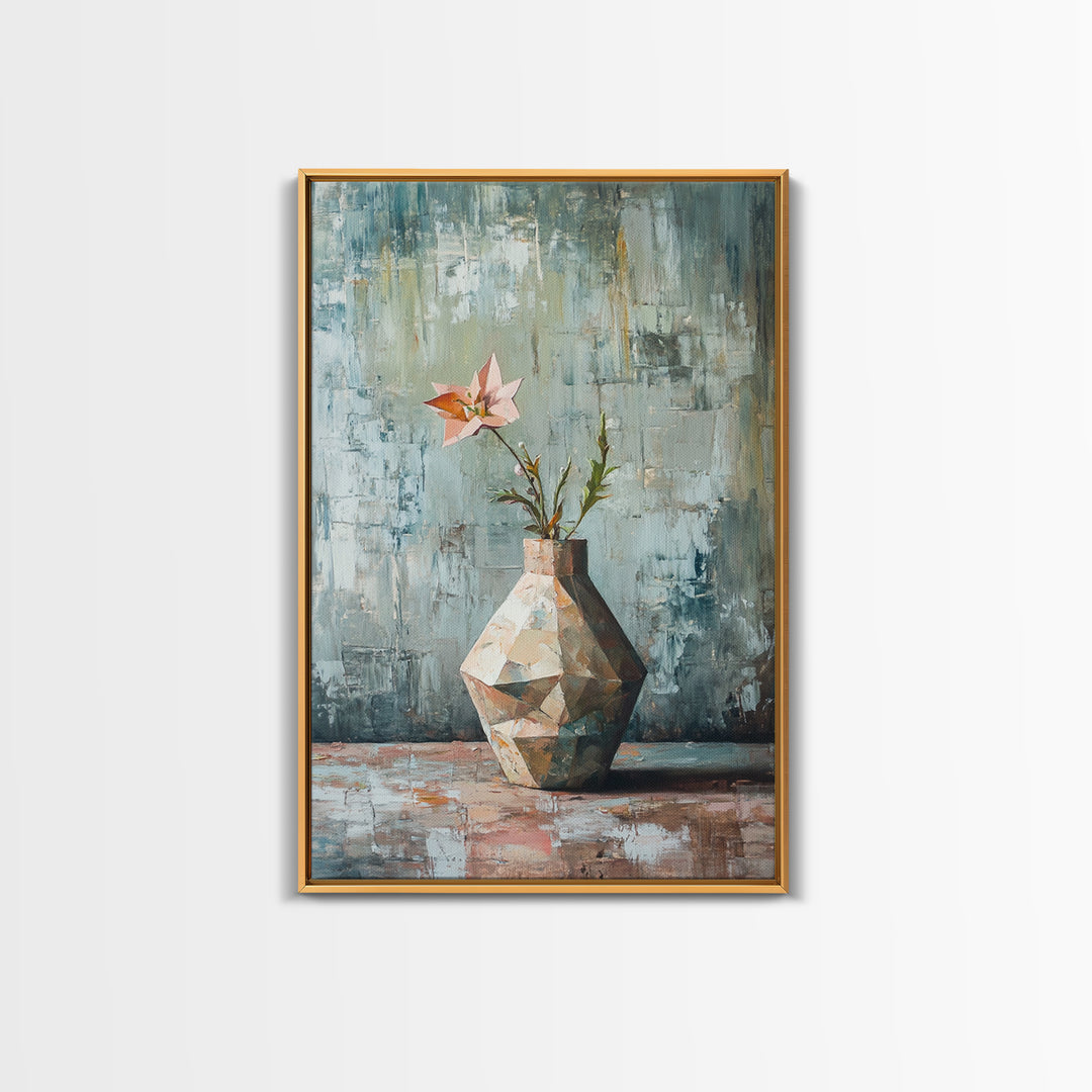 Single Pink Flower In Geometric Vase Canvas Print, Textured Still Life Wall Art For Kitchen Decor And Modern Home Decor Gift