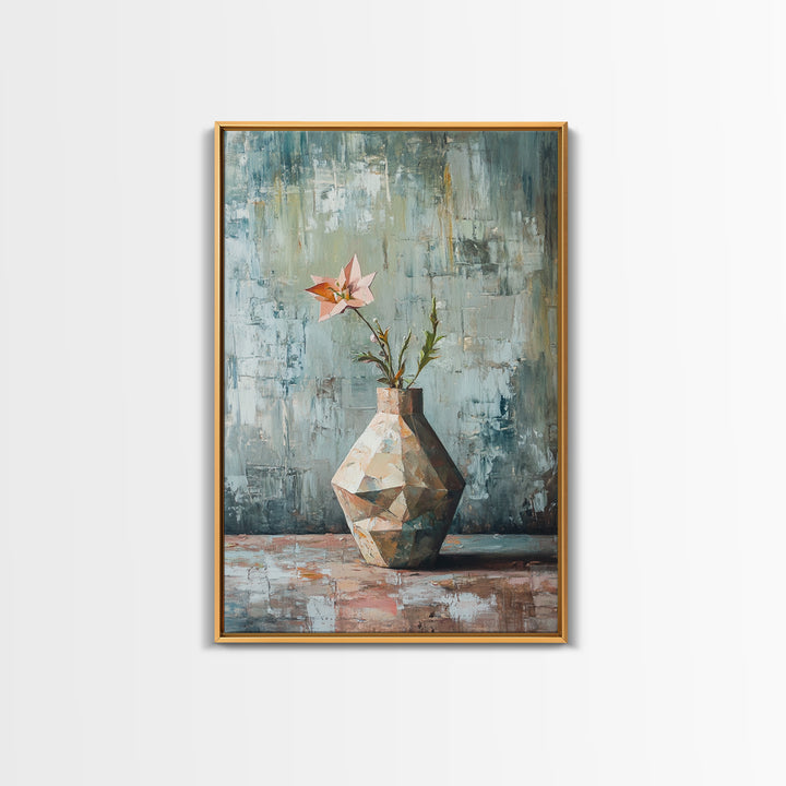 Single Pink Flower In Geometric Vase Canvas Print, Textured Still Life Wall Art For Kitchen Decor And Modern Home Decor Gift