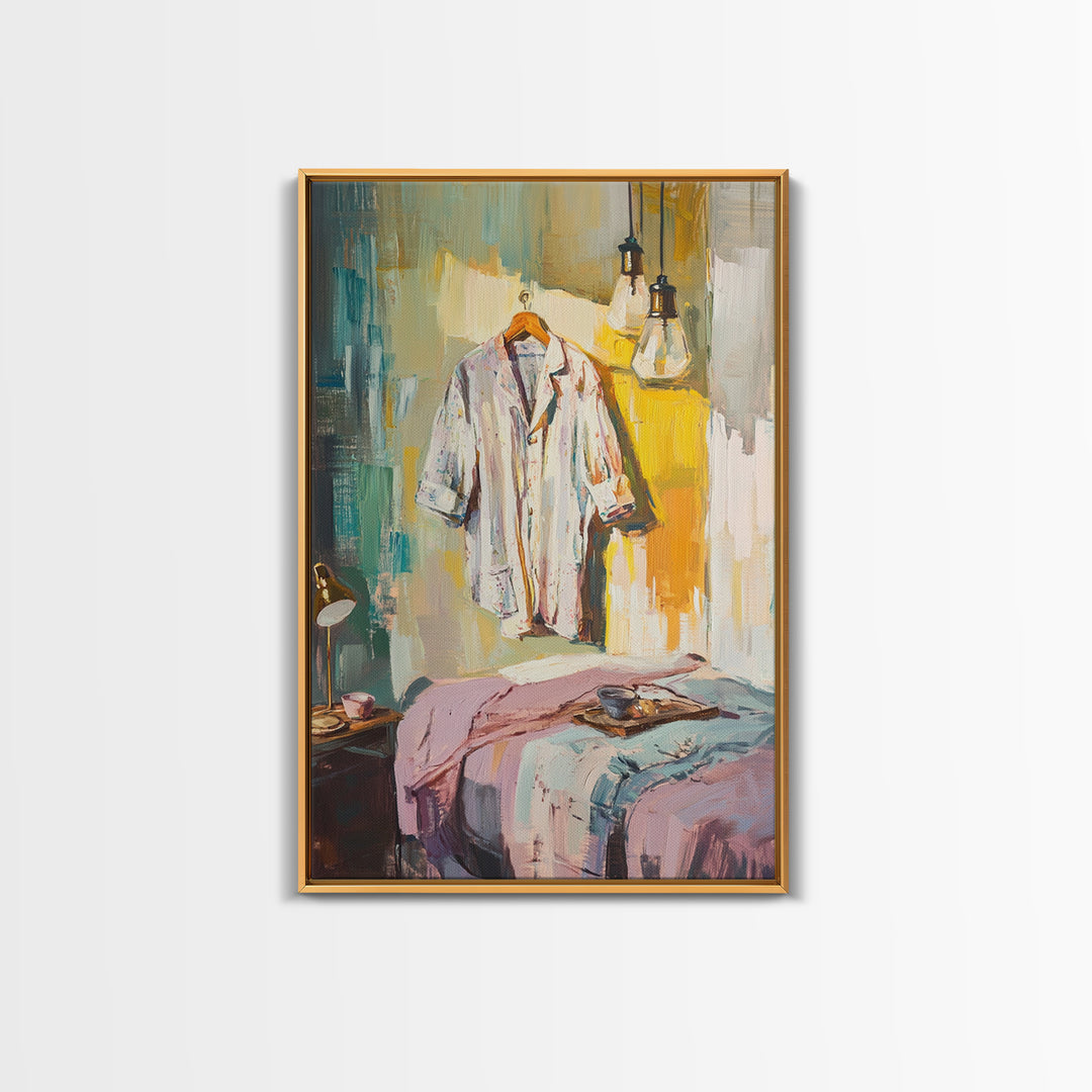 Cozy Bedroom With Hanging Shirt Canvas Print, Warm Guest Room Wall Art, Airbnb Wall Decor And Modern Farmhouse Decor Gift