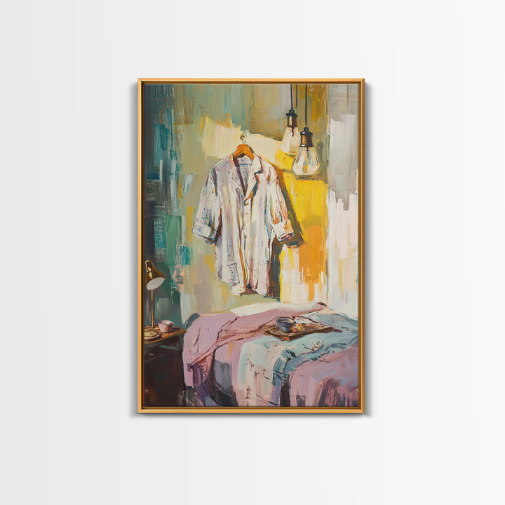Cozy Bedroom With Hanging Shirt Canvas Print, Warm Guest Room Wall Art, Airbnb Wall Decor And Modern Farmhouse Decor Gift
