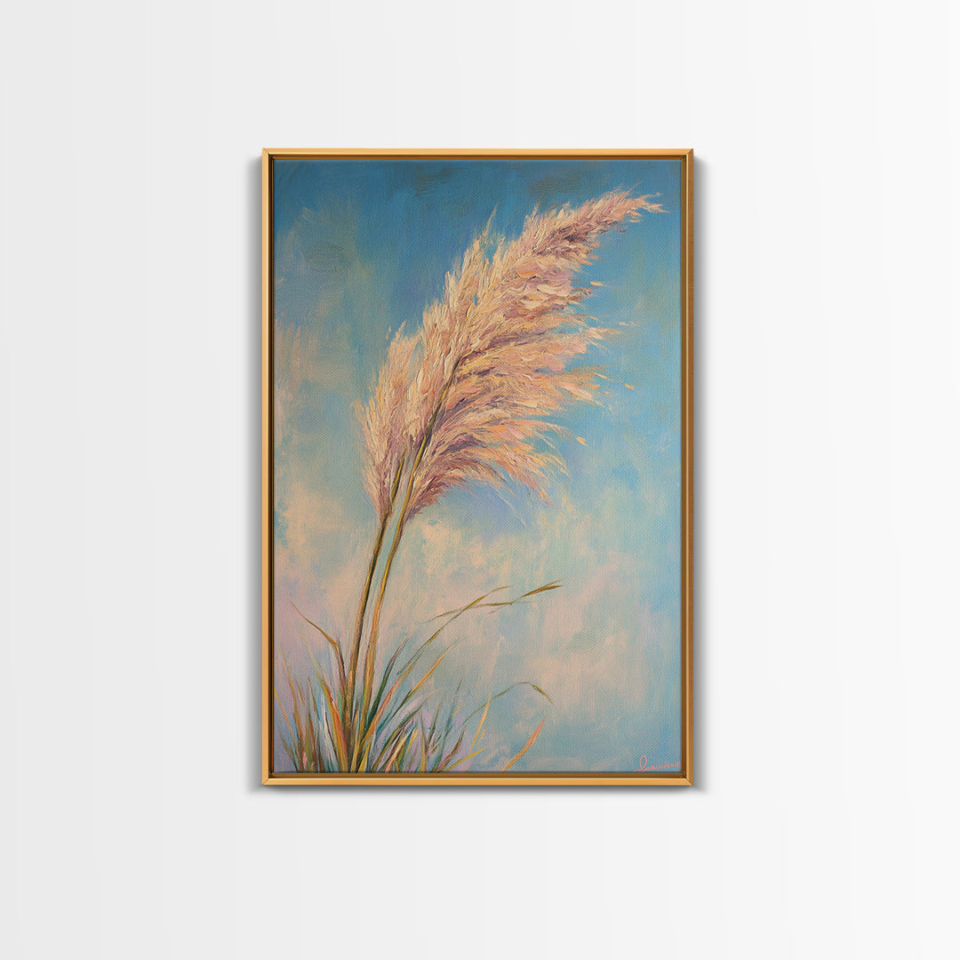 Pink Pampas Grass Against Blue Sky Framed Canvas Print, Coastal Botanical Wall Art For Boho Bedroom Decor And Nature Gift