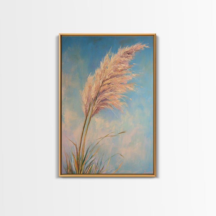 Pink Pampas Grass Against Blue Sky Framed Canvas Print, Coastal Botanical Wall Art For Boho Bedroom Decor And Nature Gift