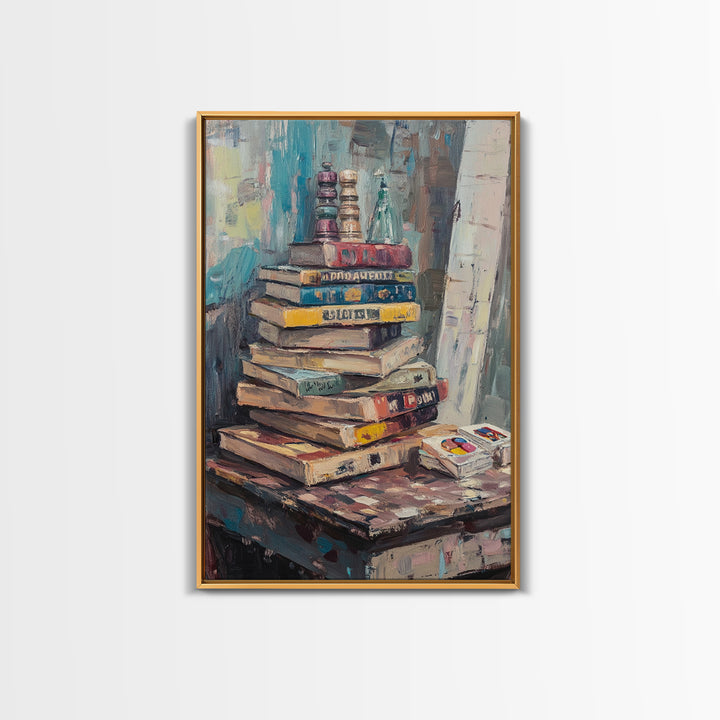 Stack Of Weathered Books Canvas Print, Cozy Library Wall Art For Reading Nook Decor, Book Lover Gift And Office Decor Print
