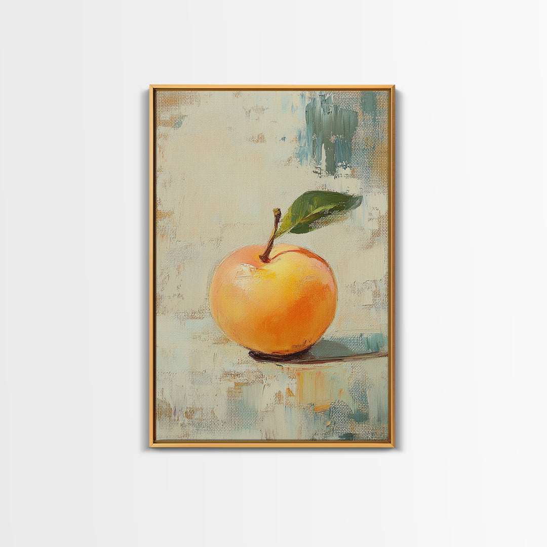 Golden Apple With Green Leaf Canvas Print, Minimal Fruit Still Life Wall Art For Kitchen Decor And Modern Farmhouse Wall Decor