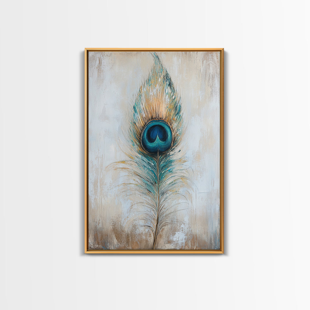 Blue Peacock Feather Wall Art, Boho Bird Feather Canvas Wall Decor, Teal Gold Nature Print, Neutral Living Room Decor, Home Decor