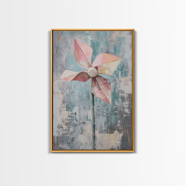Pink Paper Pinwheel Minimalist Canvas Print, Whimsical Nursery Wall Art, Soft Pastel Playroom Decor Gift For Kids Room Home Decor