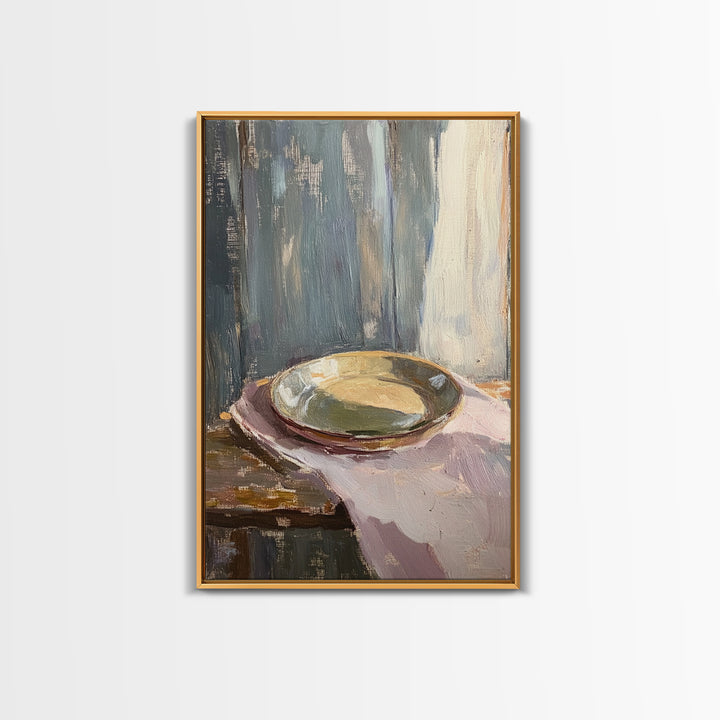 Shallow Ceramic Bowl On Linen Framed Canvas Print, Minimalist Kitchen Wall Art, Neutral Home Decor, Moody Still Life Painting
