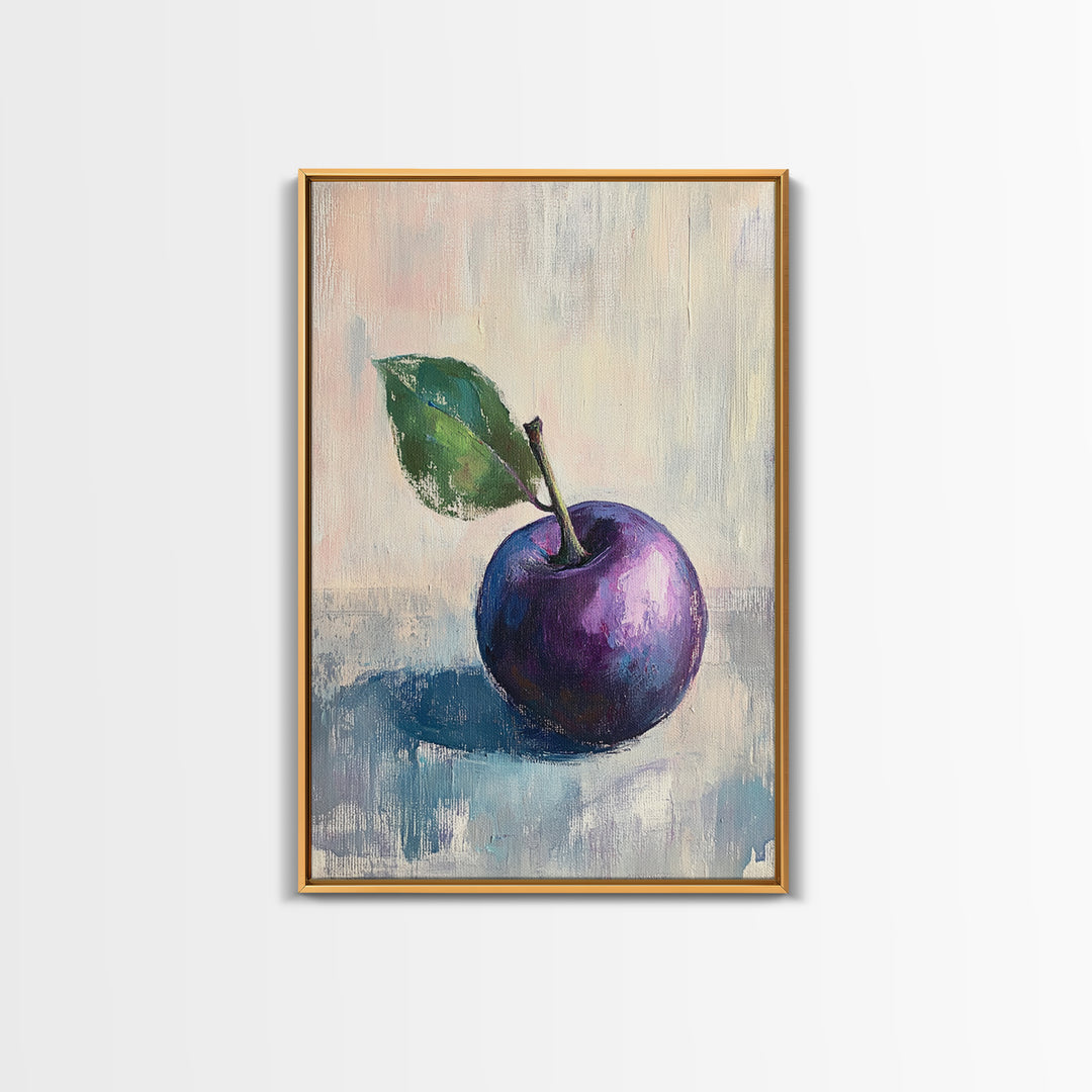 Purple Plum With Green Leaf Canvas Print, Still Life Fruit Art For Kitchen Wall Art, Rustic Farmhouse Home Decor Gift For Her