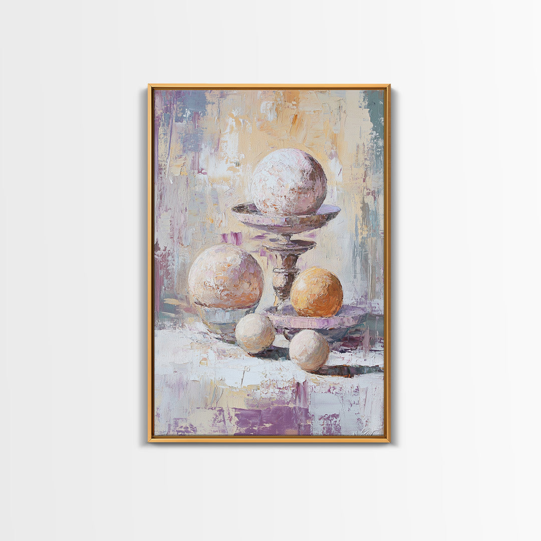 Textured White And Orange Spheres Canvas Print, Abstract Still Life Wall Art, Modern Neutral Decor For Living Room Gift For Her