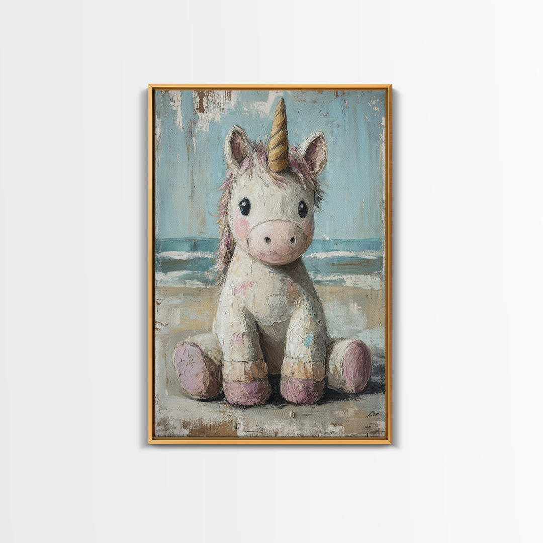 Cute Sitting Unicorn Nursery Wall Art, Whimsical Animal Canvas Print, Girls Room Decor, Magical Baby Shower Gift For Her
