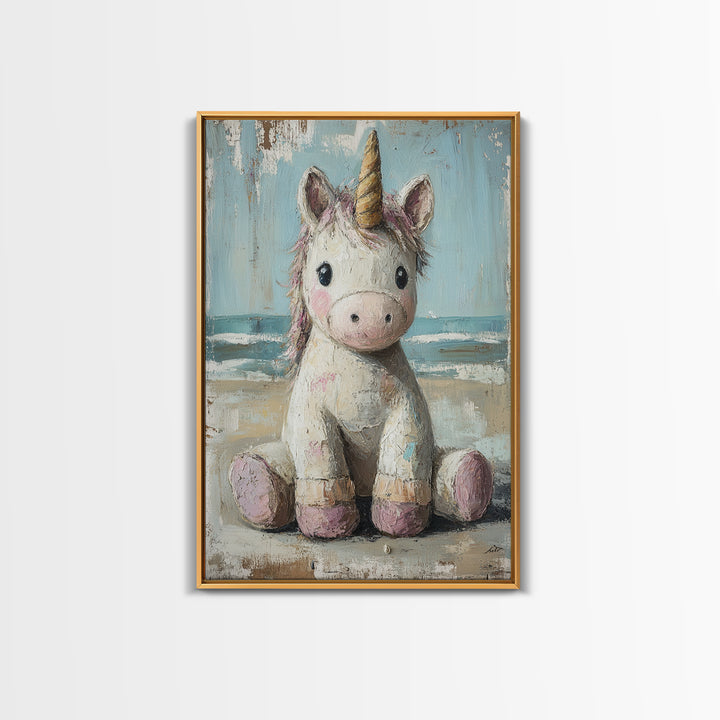 Cute Sitting Unicorn Nursery Wall Art, Whimsical Animal Canvas Print, Girls Room Decor, Magical Baby Shower Gift For Her