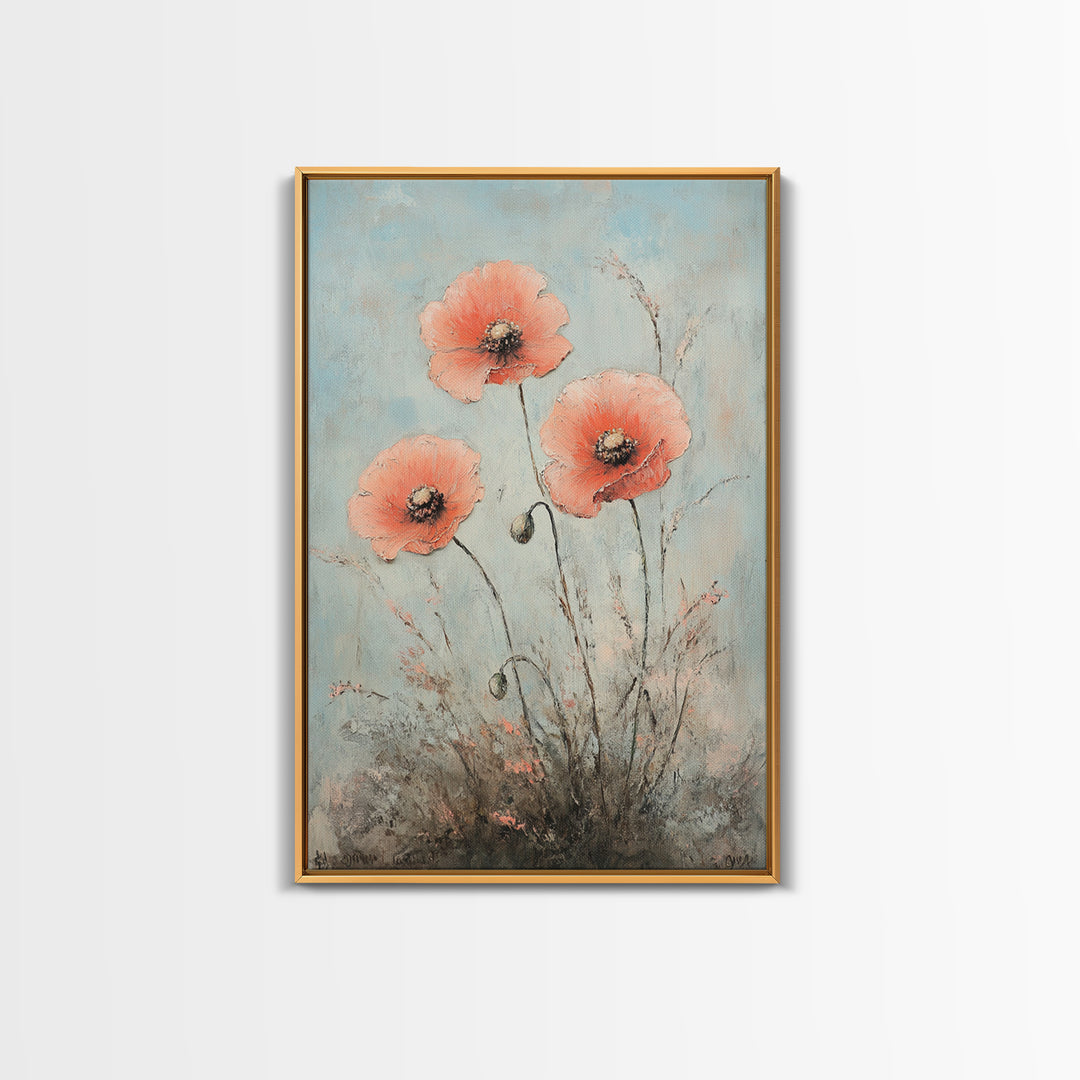 Coral Poppy Flowers On Blue Background Wall Art, Botanical Canvas Print, Floral Wall Decor For Bedroom Home Decor Gift For Her