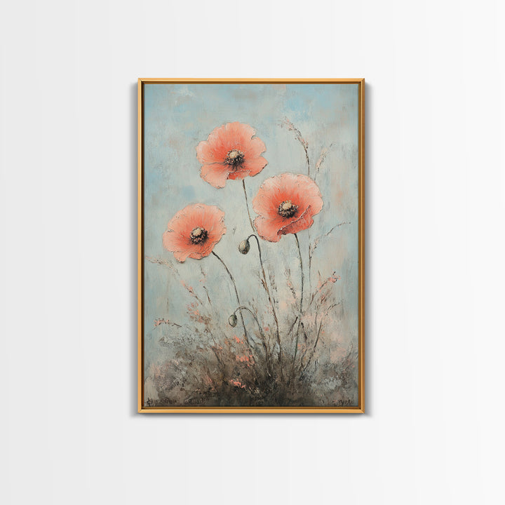 Coral Poppy Flowers On Blue Background Wall Art, Botanical Canvas Print, Floral Wall Decor For Bedroom Home Decor Gift For Her