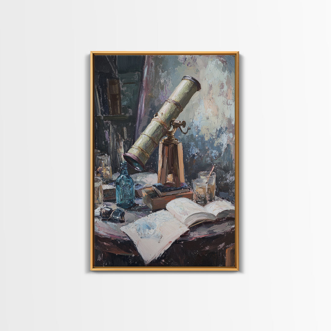 Antique Telescope Books And Open Journal Wall Art, Dark Academia Canvas Print, Astronomy Library Office Decor Gift For Him