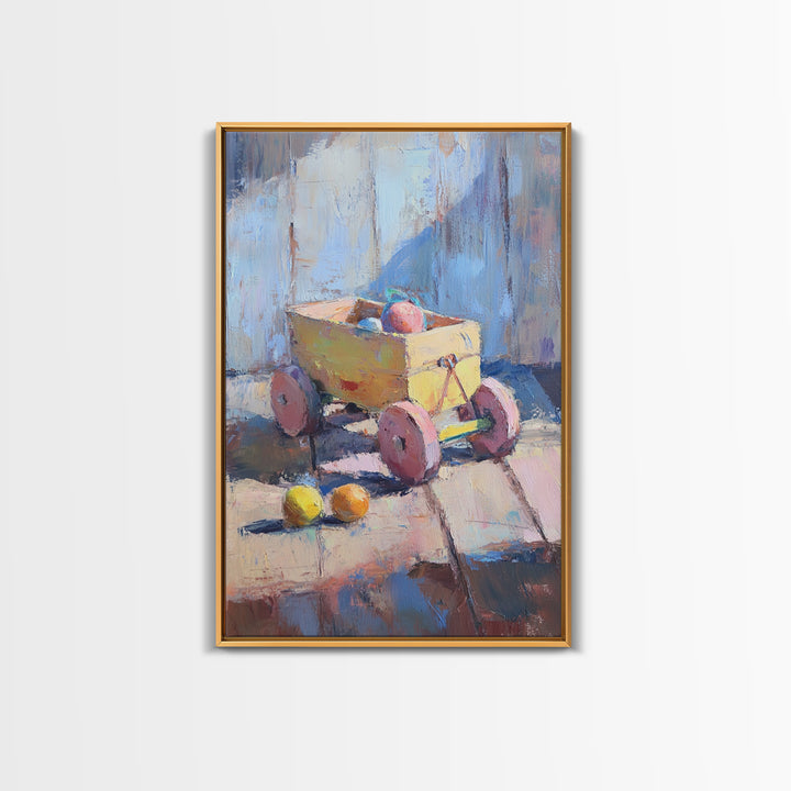 Yellow Toy Wagon With Fruit Still Life Canvas Print, Colorful Whimsical Wall Art, Kids Room Decor, Playroom Nursery Art Gift