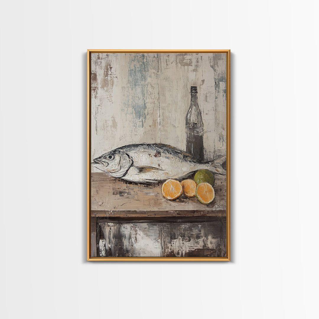 Fresh Fish With Citrus And Bottle Wall Art, Coastal Kitchen Canvas Print, Seafood Still Life, Rustic Dining Room Decor, Gift
