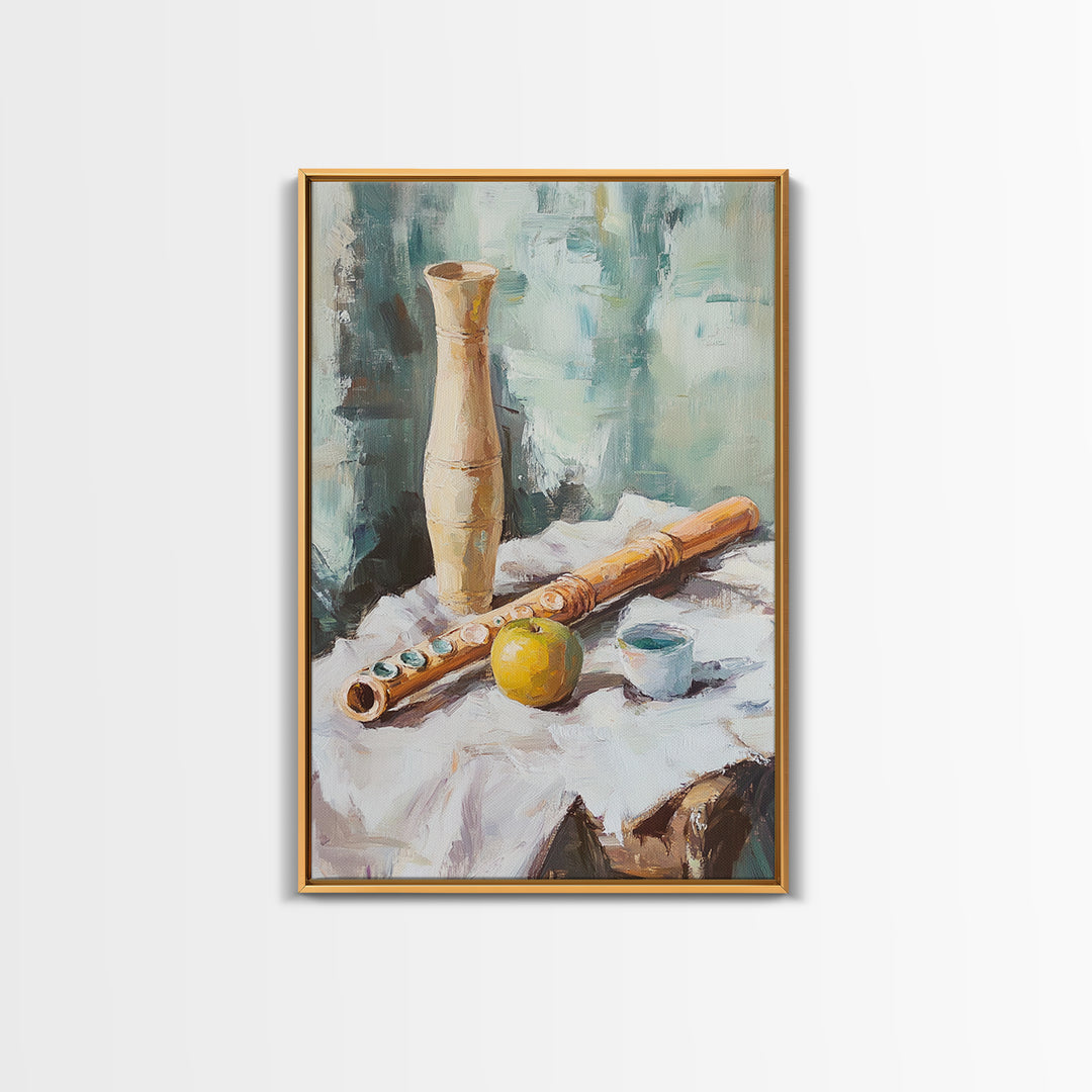 Wooden Flute Vase And Lemon Still Life Wall Art, Music Room Canvas Print, Boho Kitchen Decor, Rustic Instrument Art Gift