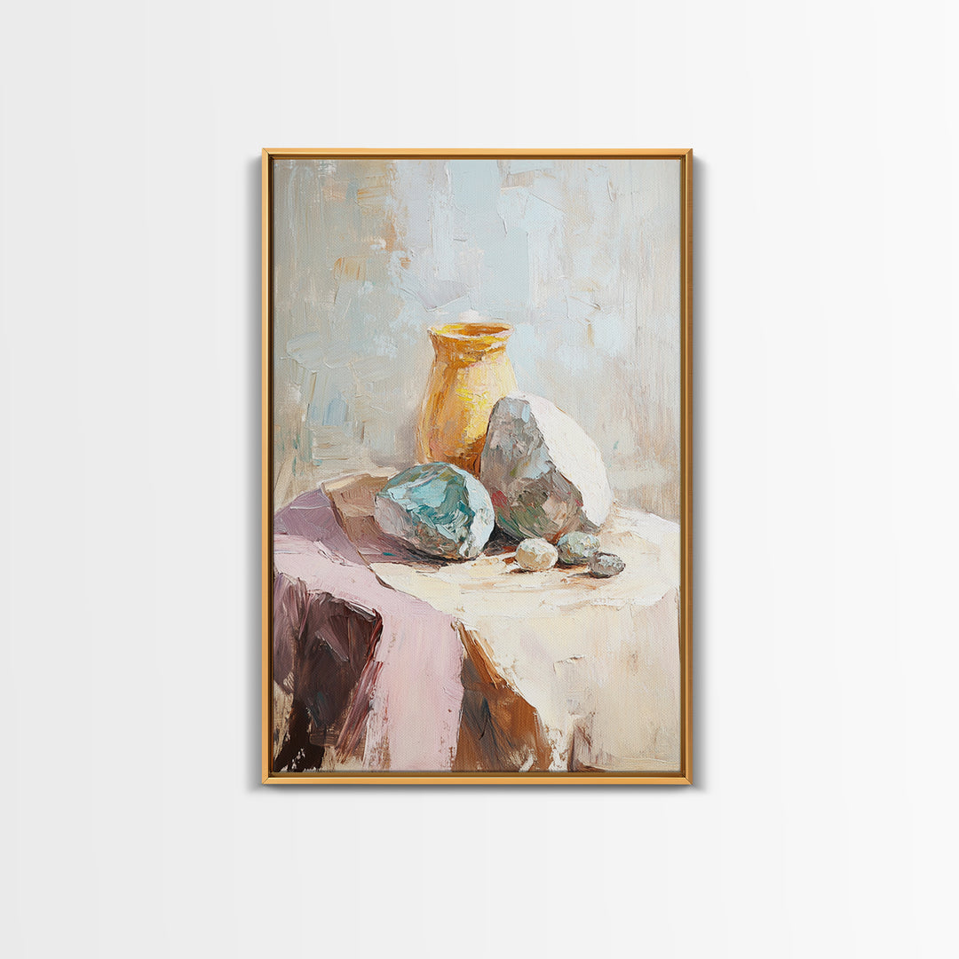 Neutral Stone And Amber Vase Still Life, Canvas Print For Minimalist Wall Art, Wabi Sabi Decor, Modern Home Decor, Fine Art Print
