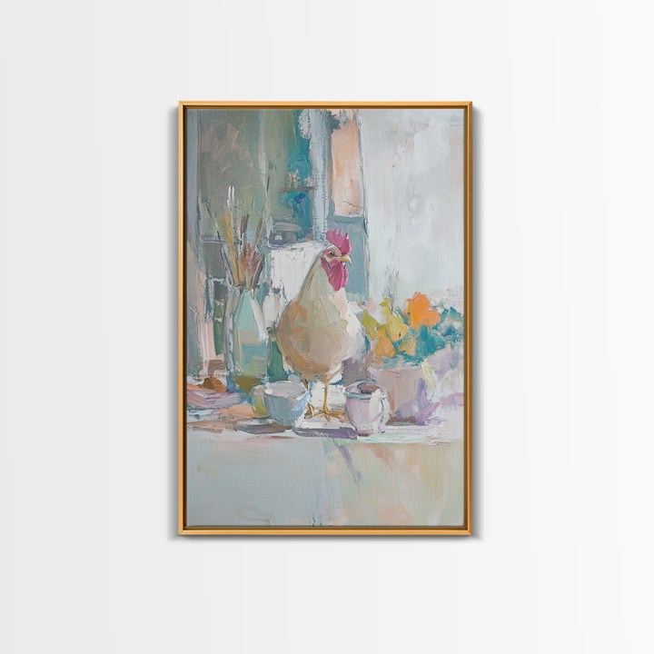 Charming Rooster On Kitchen Counter Painting, Canvas Print For Farmhouse Kitchen Wall Art, Rustic Country Decor, Chef Gift