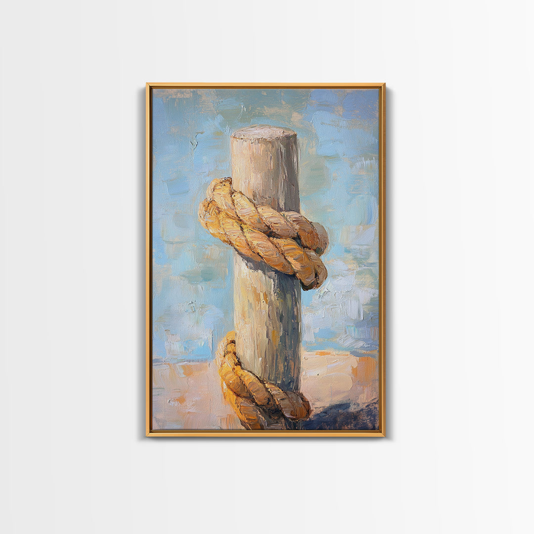 Thick Nautical Rope Around Weathered Dock Post, Framed Canvas Print For Coastal Wall Art, Beach House Decor, Lake House Gift