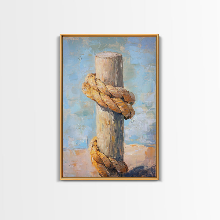 Thick Nautical Rope Around Weathered Dock Post, Framed Canvas Print For Coastal Wall Art, Beach House Decor, Lake House Gift