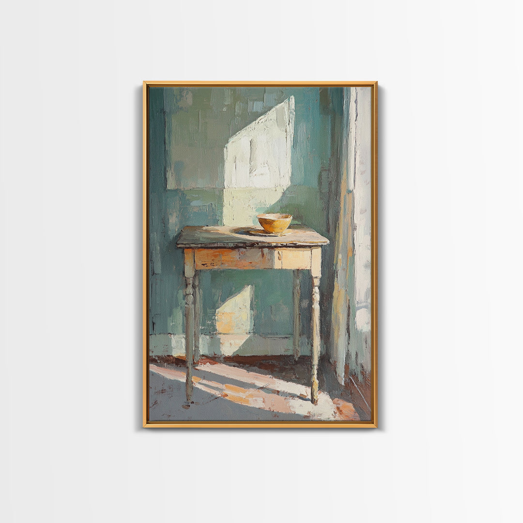 Sunlit Wooden Table With Orange Bowl Framed Canvas Print, Minimalist Wall Art, Japandi Decor, Neutral Home Decor Gift For Her