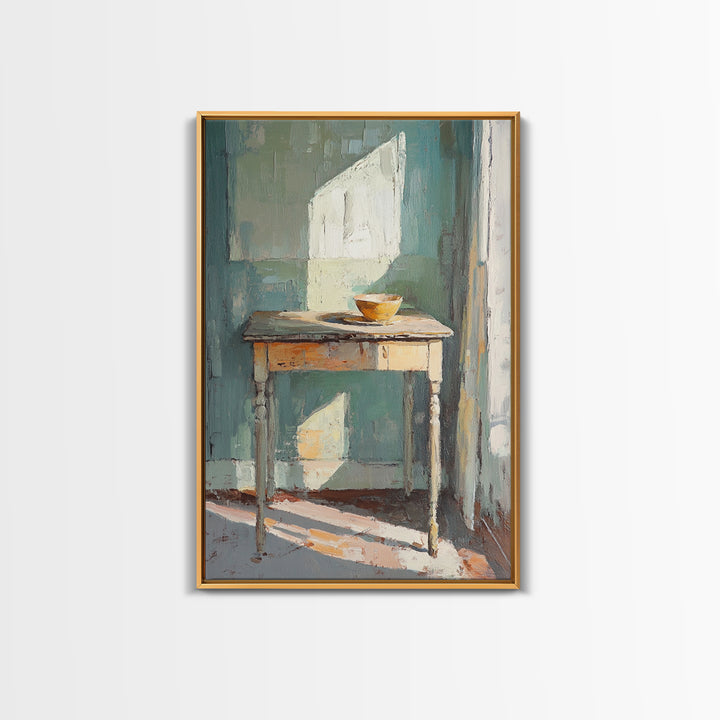 Sunlit Wooden Table With Orange Bowl Framed Canvas Print, Minimalist Wall Art, Japandi Decor, Neutral Home Decor Gift For Her