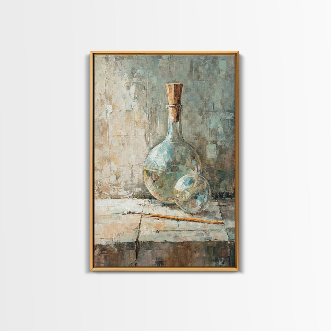 Aqua Glass Bottle And Cork Still Life Wall Art, Coastal Kitchen Decor, Neutral Canvas Wall Art, Contemporary Art Print Gift