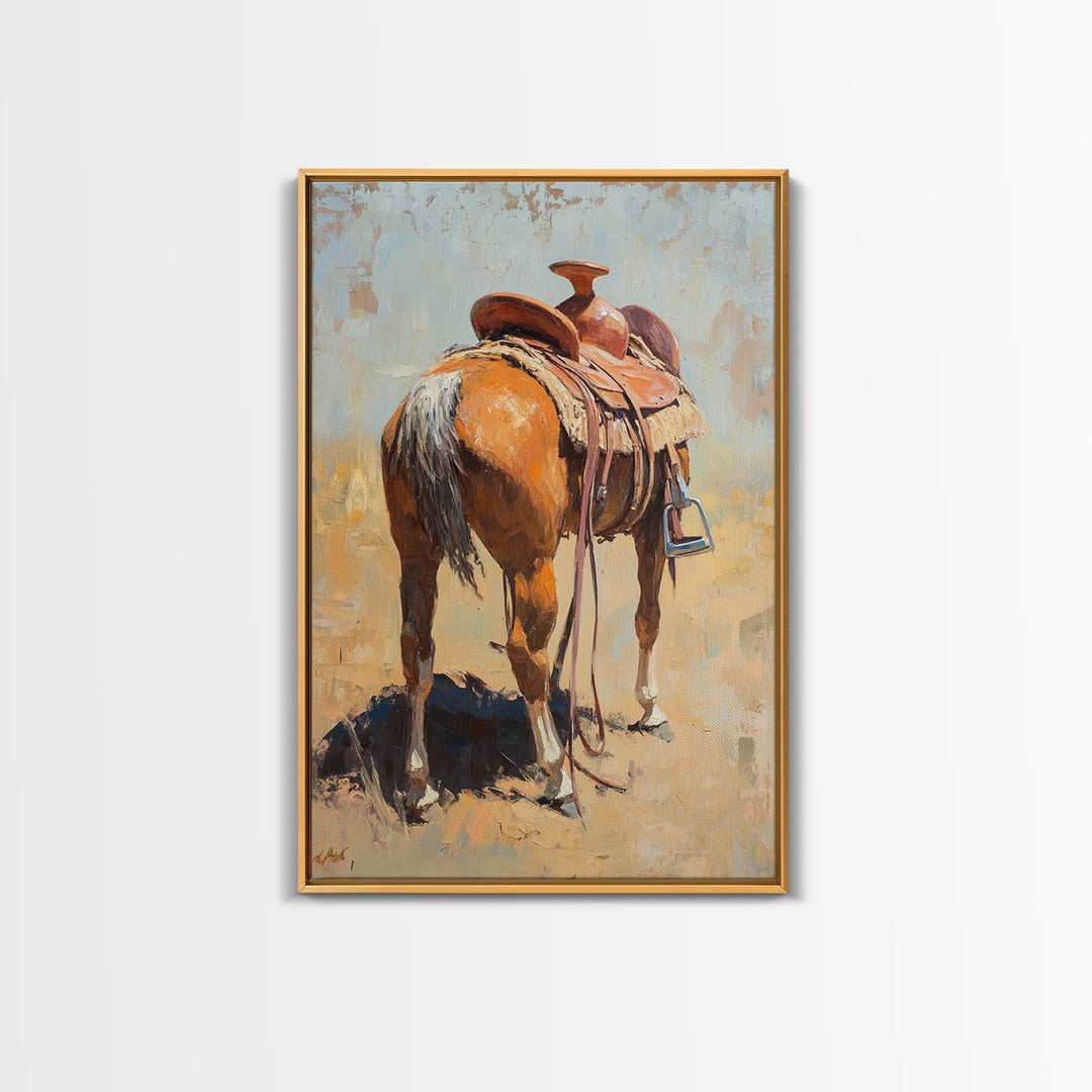 Saddled Chestnut Horse Western Canvas Print, Rustic Cowboy Wall Art, Equestrian Home Decor, Farmhouse Ranch Gift For Horse Lovers