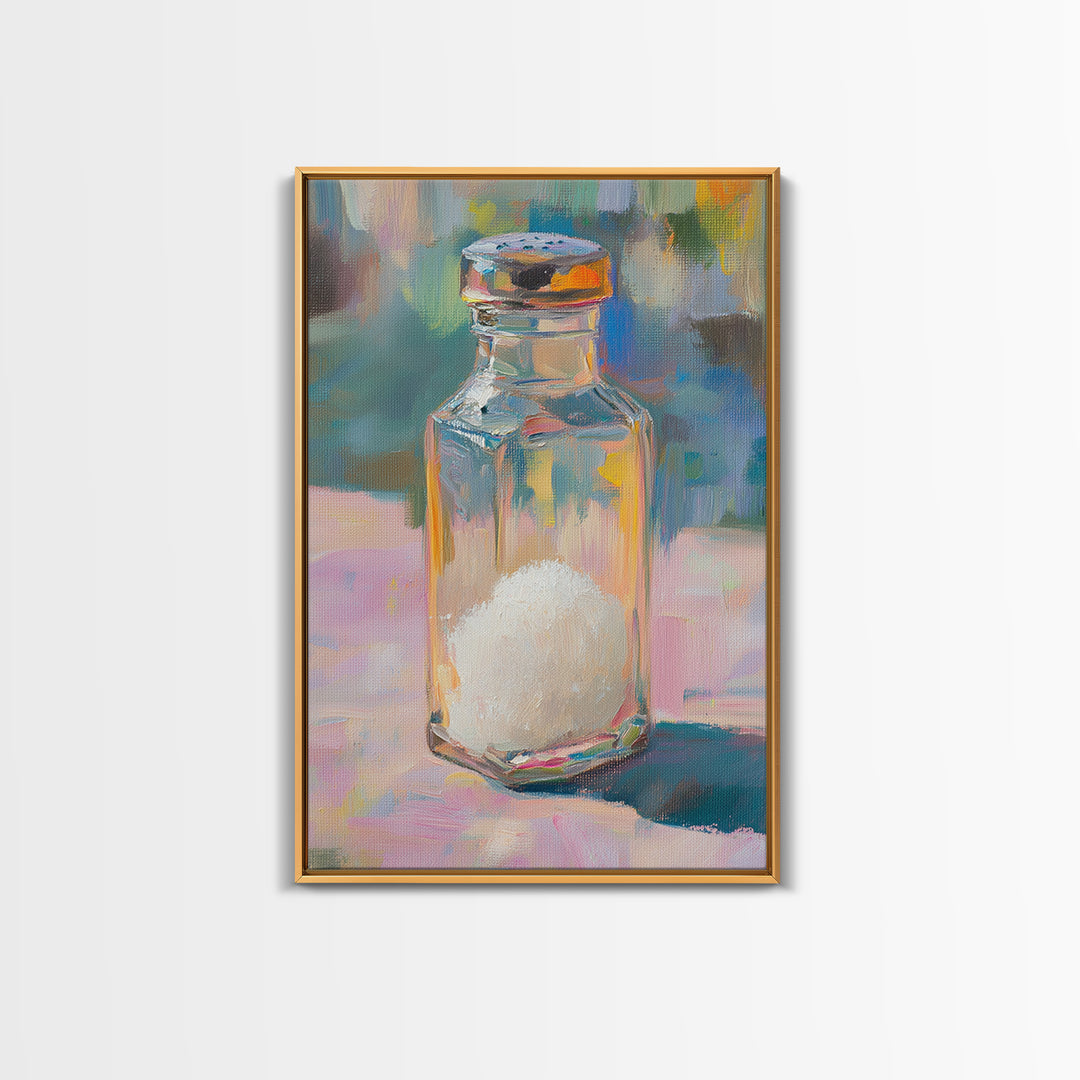 Colorful Glass Salt Shaker Canvas Print, Modern Kitchen Wall Art, Bright Still Life Painting, Dopamine Home Decor Gift Idea