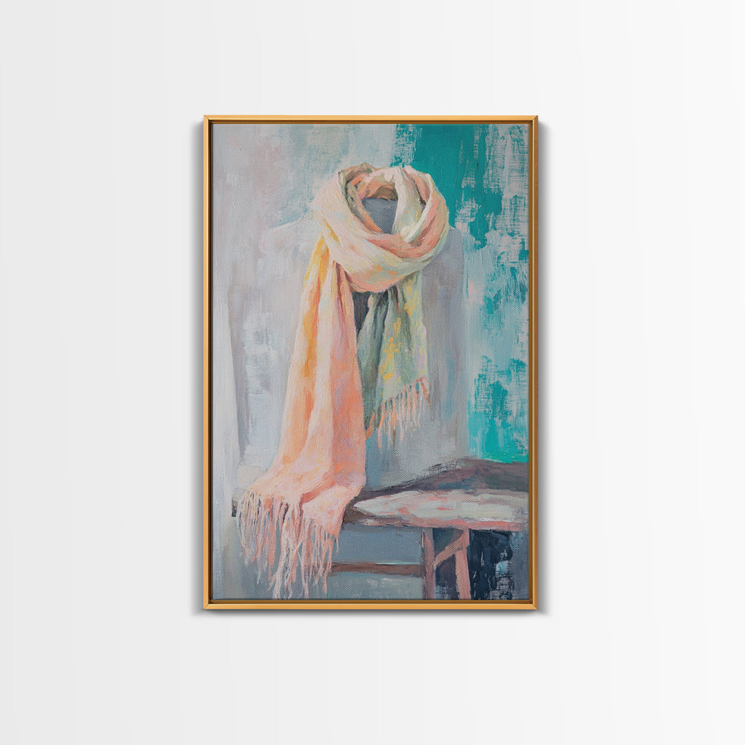 Soft Pastel Scarf On Dress Form Canvas Print, Feminine Wall Art, Fashion Studio Decor, Chic Neutral Bedroom Art Gift For Her