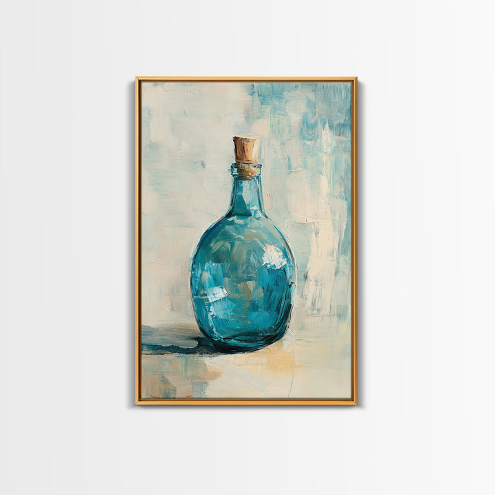 Turquoise Glass Bottle With Cork Canvas Print, Coastal Wall Art, Minimal Still Life Painting, Blue Bathroom Home Decor Gift