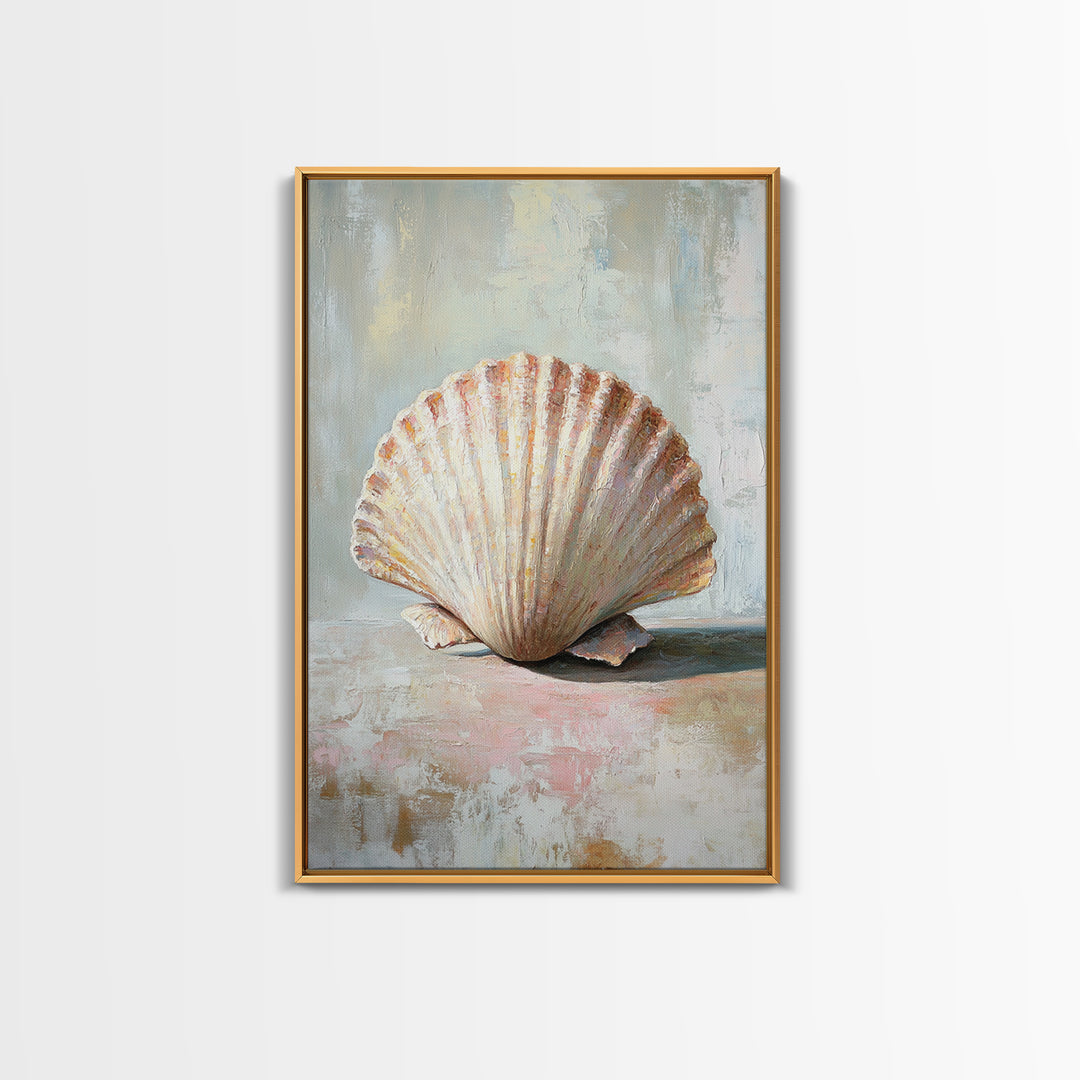 Textured Scallop Shell Still Life Wall Art, Coastal Beach House Decor, Seashell Painting, Neutral Bathroom Wall Decor, Spa Art