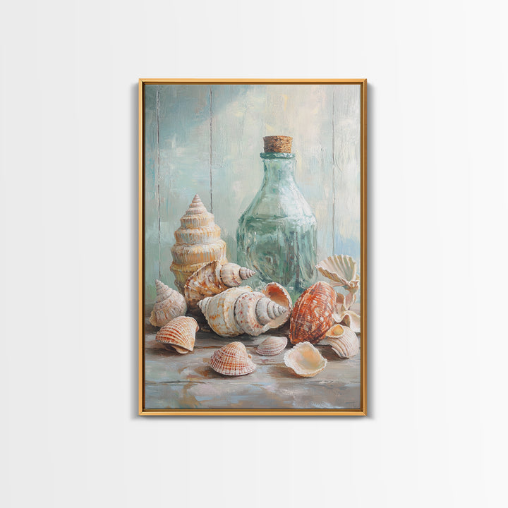 Sea Shells And Corked Glass Bottle Canvas Print, Coastal Wall Art, Beach House Decor, Nautical Bathroom Art, Ocean Print
