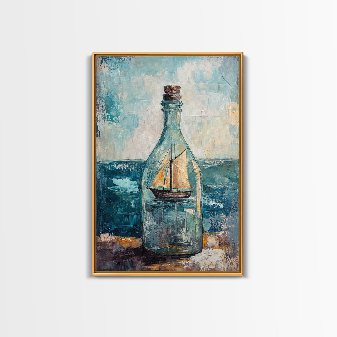 Ship In A Bottle Nautical Canvas Print, Coastal Wall Art, Sailboat Seascape, Ocean Decor, Beach House Statement Artwork Print