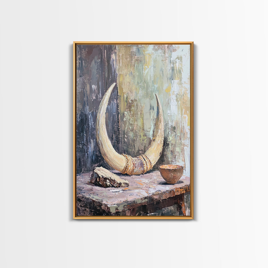 Curved Ivory Horn And Rustic Bowl Still Life Framed Canvas Print, African Inspired Wall Art, Tribal Decor, Moody Neutral Art