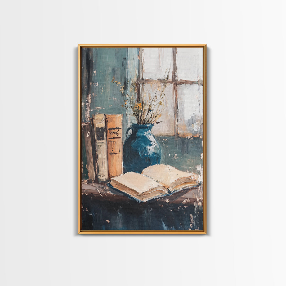 Open Book And Blue Vase Wall Art, Cozy Library Still Life, Dark Academia Decor, Reading Nook Art Print, Home Office Decor