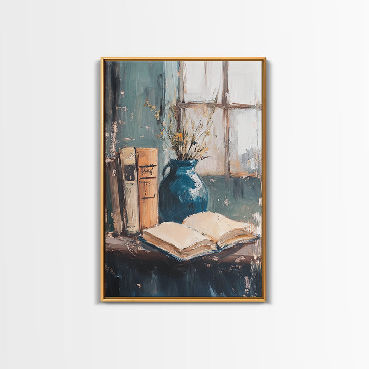 Open Book And Blue Vase Wall Art, Cozy Library Still Life, Dark Academia Decor, Reading Nook Art Print, Home Office Decor