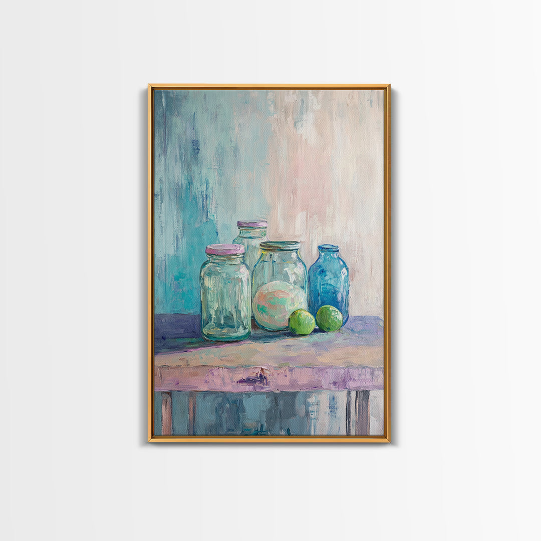 Glass Jars With Limes Still Life Wall Art, Colorful Kitchen Decor, Modern Farmhouse Canvas Print, Dining Room Art Gift Idea