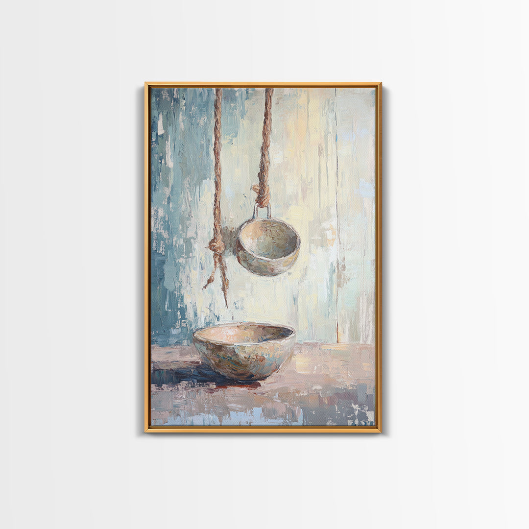Hanging Ceramic Bowls Wall Art, Wabi Sabi Still Life Canvas Print, Neutral Rustic Kitchen Decor, Japandi Wall Decor Gift
