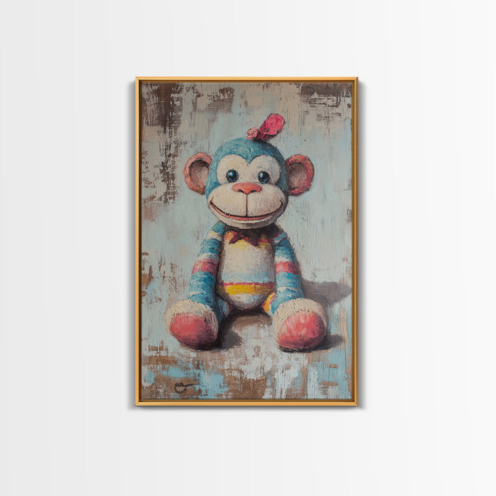 Whimsical Sock Monkey Canvas Print, Nursery Wall Art, Kids Room Decor, Cute Animal Art, Baby Shower Gift, Playroom Decor