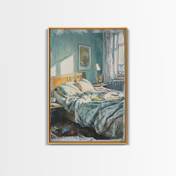 Messy Sunlit Bedroom Canvas Print, Cozy Bedroom Wall Art, Above Bed Decor, Modern Home Decor, Guest Room Wall Decor, Living Room Decor