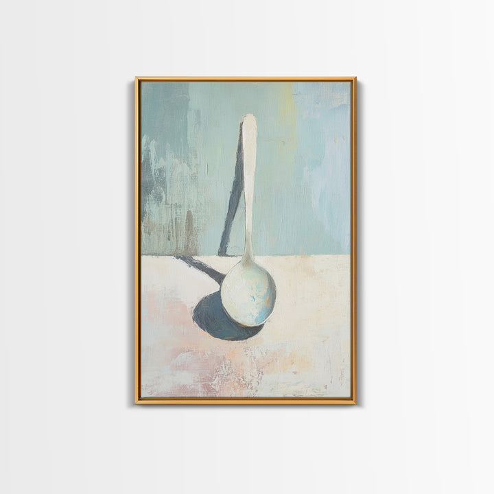 Single White Spoon Minimal Still Life Wall Art, Blue Shadow Minimalist Decor, Neutral Kitchen Print, Modern Canvas Print